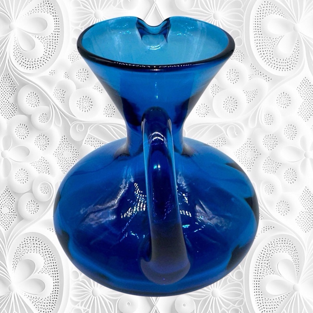 Vintage Rainbow Art Glass Co 1950s Hand Blown Pitcher Vase Optic Blue MCM 5.5" - Picture 3 of 9